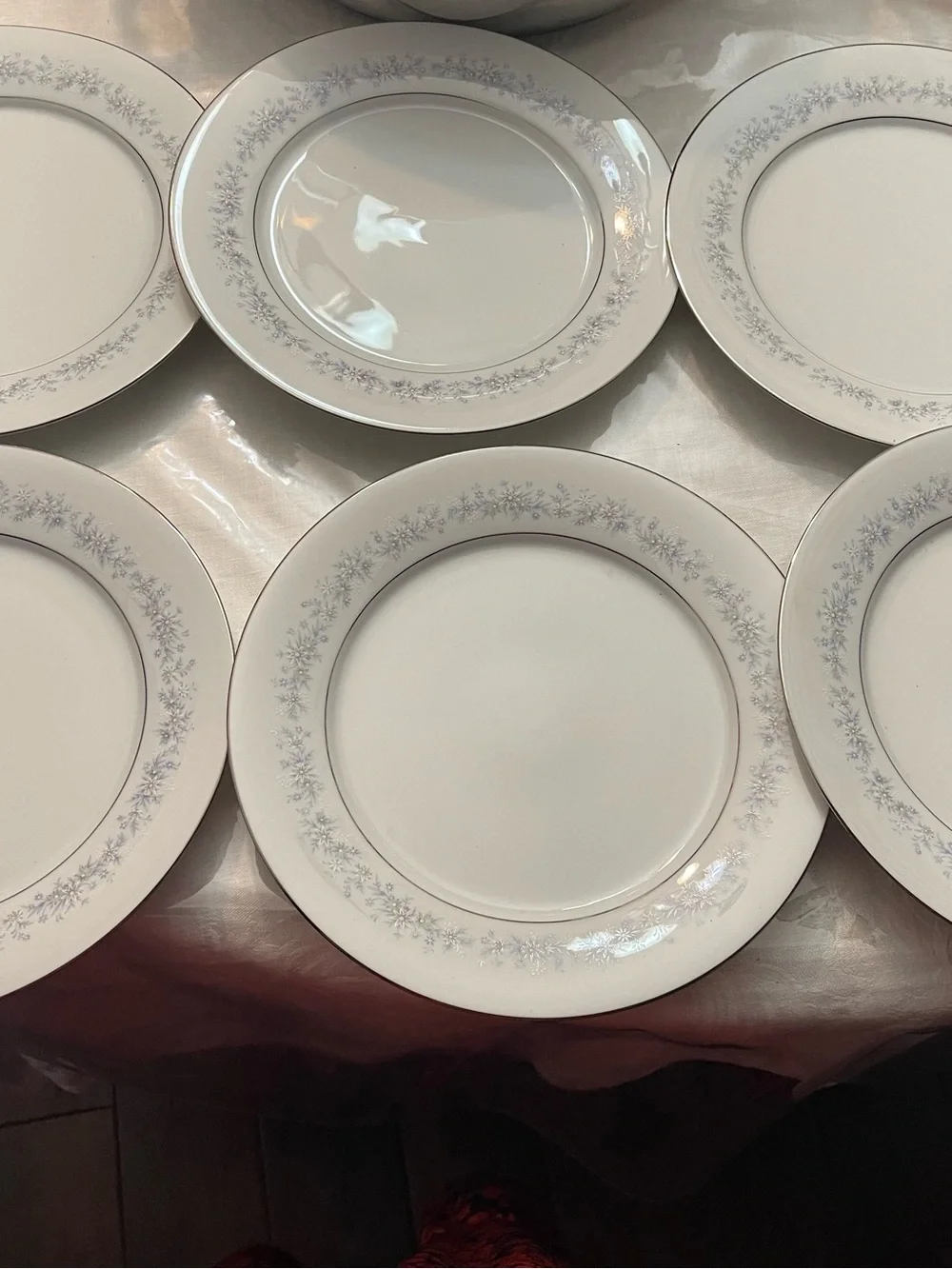 Noritake White Porcelain Dinner Plates with Silver Floral Trim